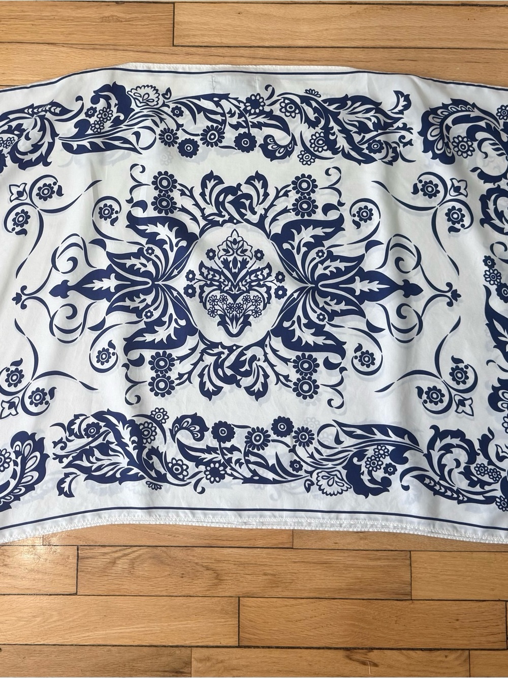 George Cream 100% Silk Top with Navy Floral Medallion Print - Picture 2 of 3